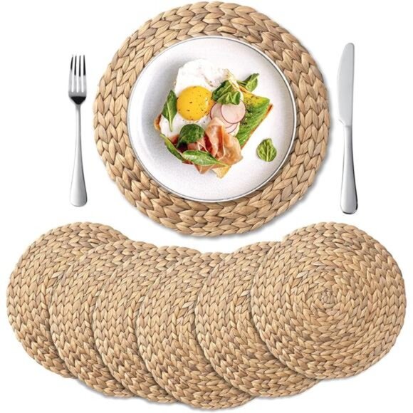 6 Pack, Round Woven Placemats, Natural Water Hyacinth Wicker Place mats - Picture 1 of 7